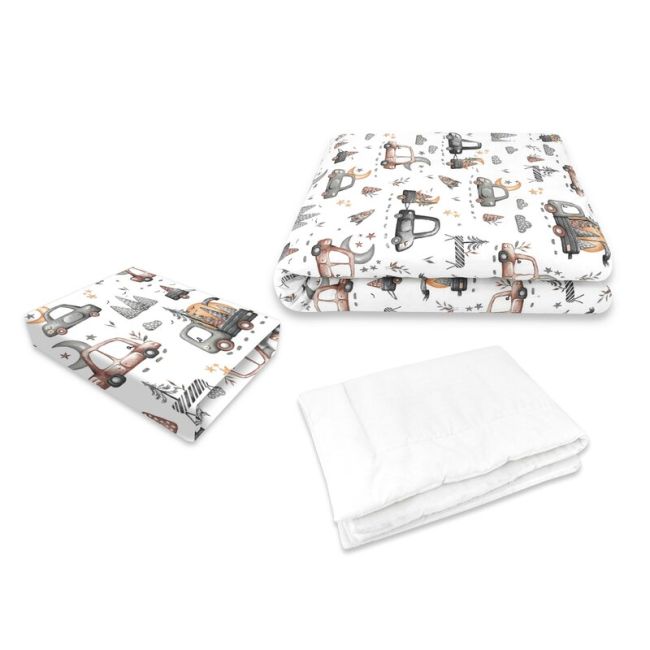 Lenjerie patut cu 3 piese, MimiNu, Cu cearceaf 120x60 cm, Din bumbac certificat Oeko Tex Standard 100, Cu pilota si husa pilota, 135x100 cm, Design, Cars Grey BYN6426972025003