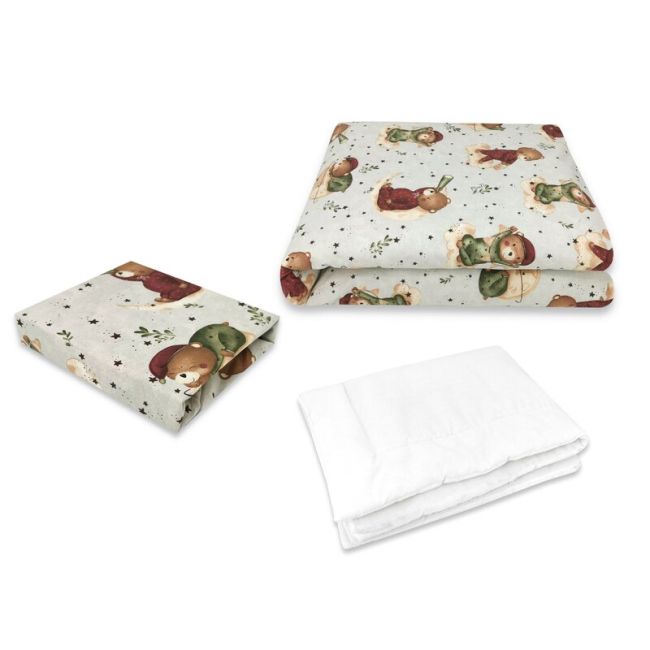 Lenjerie patut cu 3 piese, MimiNu, Cu cearceaf 120x60 cm, Din bumbac certificat Oeko Tex Standard 100, Cu pilota si husa pilota, 135x100 cm, Design, Teddy Bear On Moon BYN6426972024969