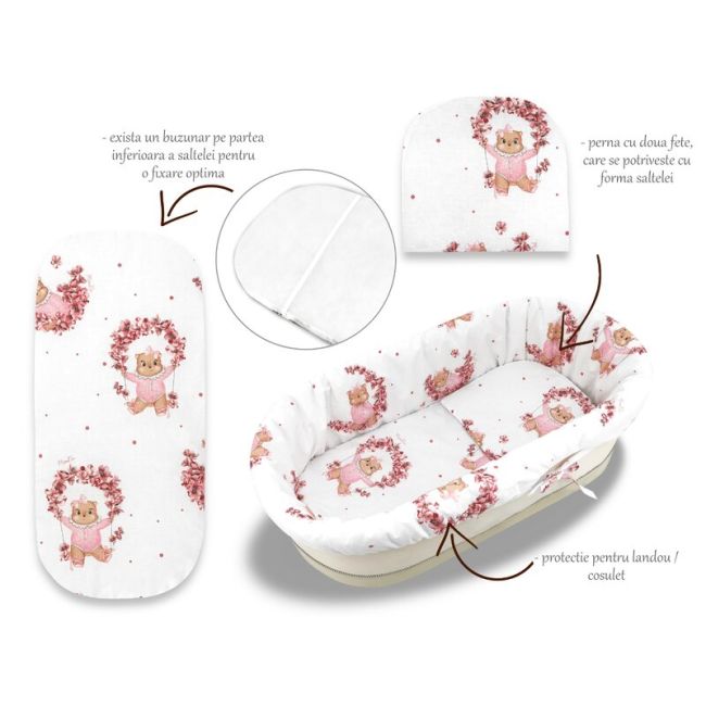 Set pentru landou/cosulet, MimiNu, Cu protectie, saltea si pernuta, Din bumbac certificat Oeko Tex Standard 100, Design, Betty BYN6426972025034