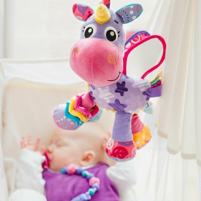 Jucarie pentru carucior, scoica auto si patut, Playgro, Cu jucarie de dentitie, Cu sunete, Activity Friend Stella Unicorn, 39 cm BYN186981