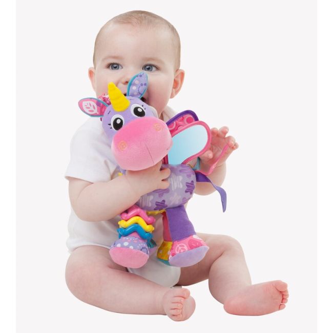 Jucarie pentru carucior, scoica auto si patut, Playgro, Cu jucarie de dentitie, Cu sunete, Activity Friend Stella Unicorn, 39 cm BYN186981