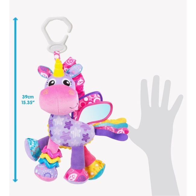 Jucarie pentru carucior, scoica auto si patut, Playgro, Cu jucarie de dentitie, Cu sunete, Activity Friend Stella Unicorn, 39 cm BYN186981