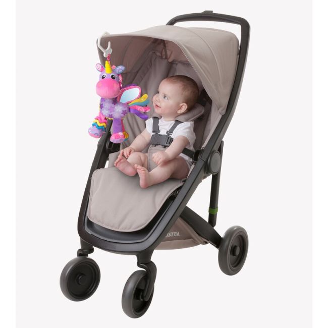 Jucarie pentru carucior, scoica auto si patut, Playgro, Cu jucarie de dentitie, Cu sunete, Activity Friend Stella Unicorn, 39 cm BYN186981