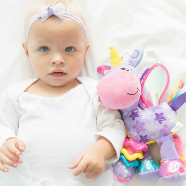 Jucarie pentru carucior, scoica auto si patut, Playgro, Cu jucarie de dentitie, Cu sunete, Activity Friend Stella Unicorn, 39 cm BYN186981