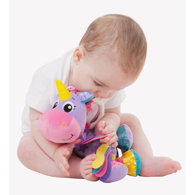 Jucarie pentru carucior, scoica auto si patut, Playgro, Cu jucarie de dentitie, Cu sunete, Activity Friend Stella Unicorn, 39 cm BYN186981