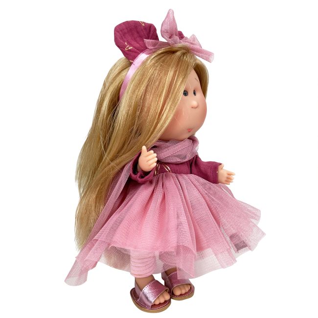 Papusa Nines D'Onil, Mia, cu parul blond si funda roz, cu articulatii, cu miros de vanilie, 30 cm