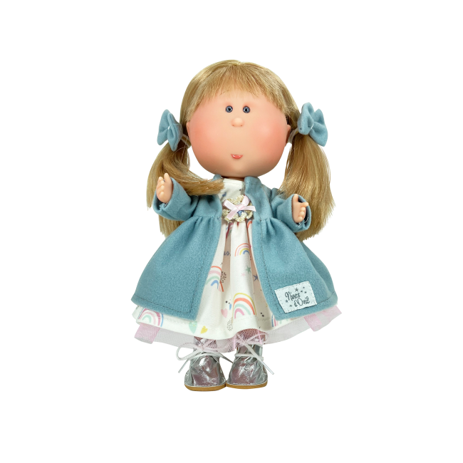 Papusa Nines D'Onil, Mia, cu parul blond si funde albastre, cu articulatii, cu miros de vanilie, 30 cm