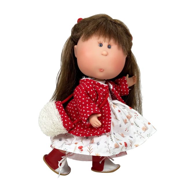 Papusa Nines D'Onil, Mia, cu parul saten si palton rosu, cu articulatii, cu miros de vanilie, 30 cm