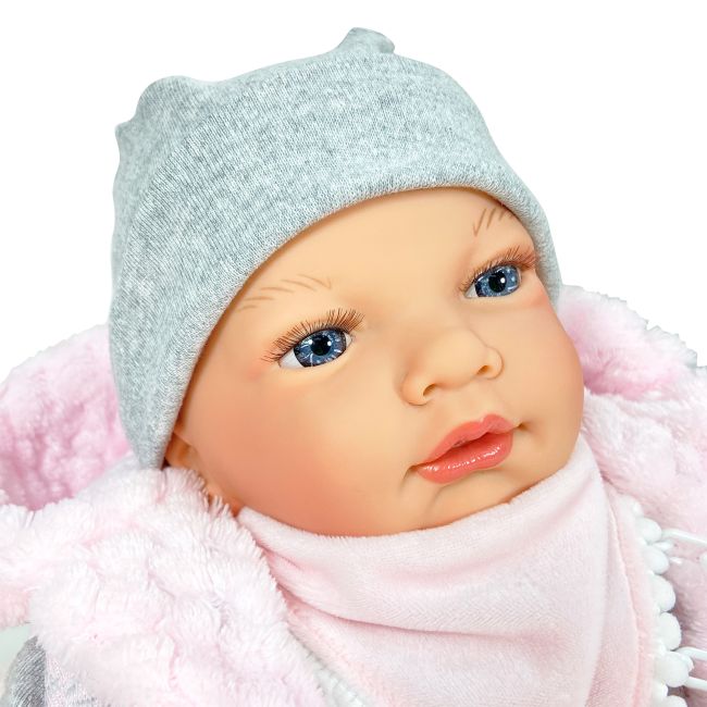 Papusa Nines D'Onil, Snow, nou-nascut, cu sunete, cu miros de vanilie, ambalata in saculet, 45 cm