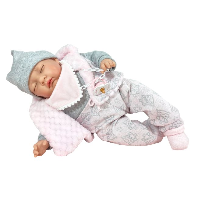 Papusa Nines D'Onil, Snow, nou-nascut, cu sunete, cu ochii inchisi, ambalata in cutie, cu miros de vanilie, 45 cm