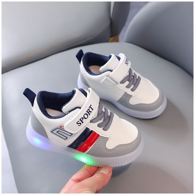 Adidasi albi cu gri, rosu si bleumarine cu luminite MD1012-2-c