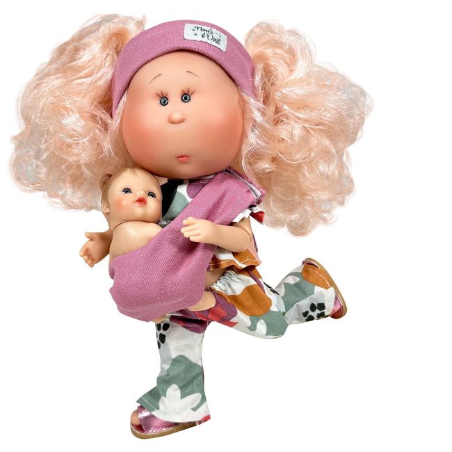 Papusa Nines D'Onil, Mia, cu parul blond, cu bebe, cu articulatii, cu miros de vanilie, 30 cm
