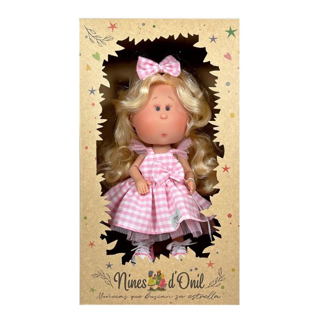 Papusa Nines D'Onil, Mia, cu parul blond, cu catel, cu articulatii, cu miros de vanilie, 30 cm