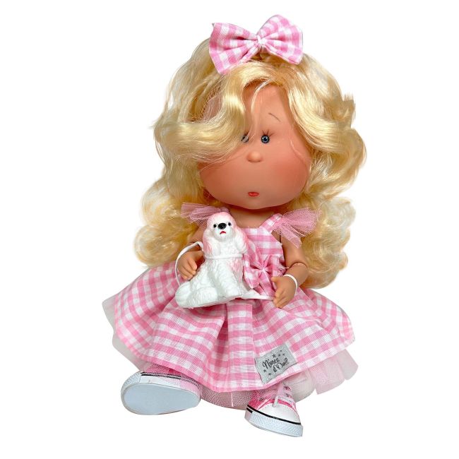 Papusa Nines D'Onil, Mia, cu parul blond, cu catel, cu articulatii, cu miros de vanilie, 30 cm