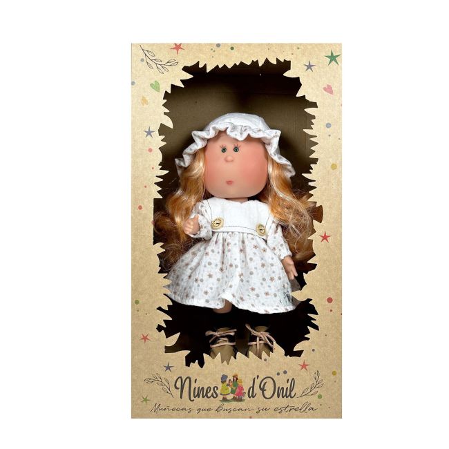 Papusa Nines D'Onil, Mia, cu parul portocaliu, cu palarie alba, cu articulatii, cu miros de vanilie, 30 cm