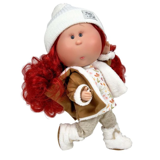 Papusa Nines D'Onil, Mia, cu parul rosu, cu fes alb, cu articulatii, cu miros de vanilie, 30 cm