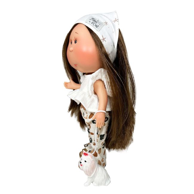 Papusa Nines D'Onil, Mia, cu parul saten drept, cu catel, cu articulatii, cu miros de vanilie, 30 cm
