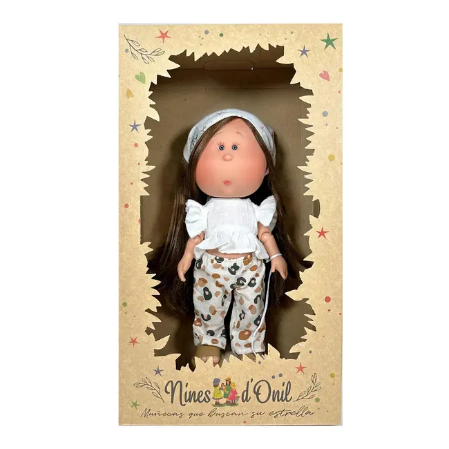 Papusa Nines D'Onil, Mia, cu parul saten drept, cu catel, cu articulatii, cu miros de vanilie, 30 cm