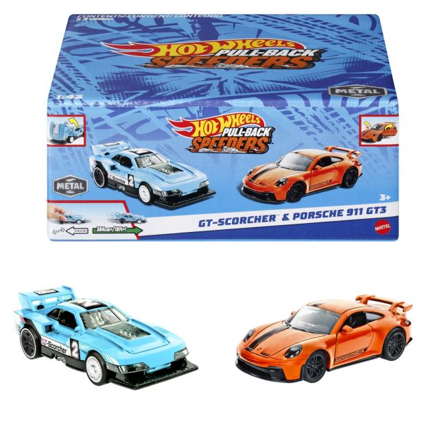 HOT WHEELS SET 2 MASINUTE METALICE PULL BACK GT-SCORCHER SI PORSCHE 911 GT3 1:43 VIVMTHPR91_HPR96