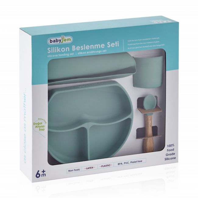 Set diversificare 4 piese din silicon BabyJem: bavetica, farfurie, lingurita si pahar (Culoare: Latte) JEMbj_7286