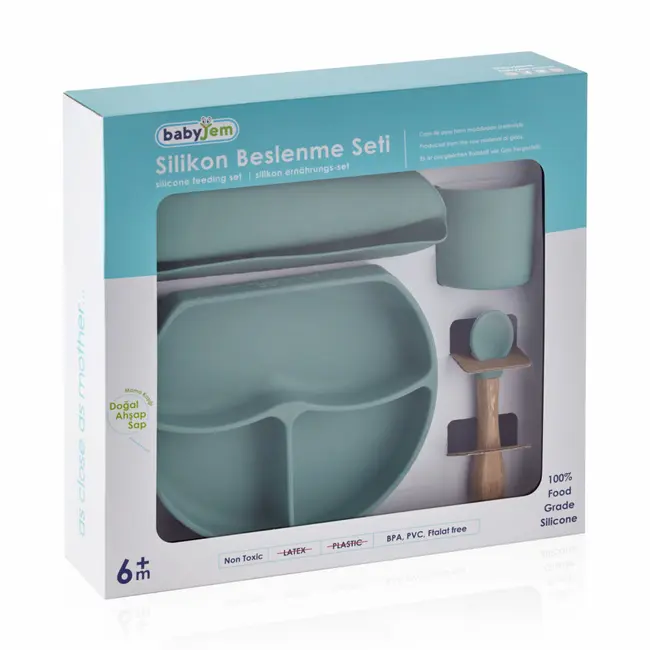 Set diversificare 4 piese din silicon BabyJem: bavetica, farfurie, lingurita si pahar (Culoare: Latte) JEMbj_7286