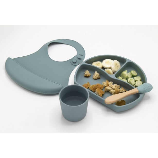 Set diversificare 4 piese din silicon BabyJem: bavetica, farfurie, lingurita si pahar (Culoare: Maro) JEMbj_7285