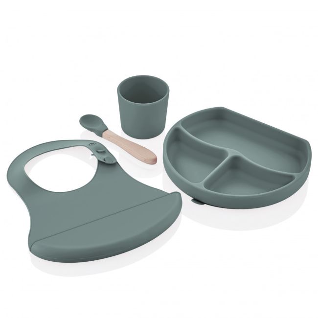 Set diversificare 4 piese din silicon BabyJem: bavetica, farfurie, lingurita si pahar (Culoare: Maro) JEMbj_7285