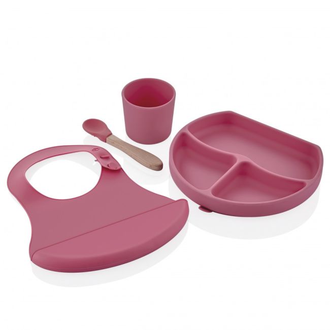 Set diversificare 4 piese din silicon BabyJem: bavetica, farfurie, lingurita si pahar (Culoare: Maro) JEMbj_7285