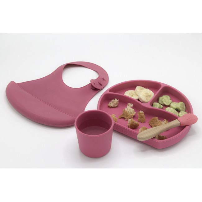 Set diversificare 4 piese din silicon BabyJem: bavetica, farfurie, lingurita si pahar (Culoare: Maro) JEMbj_7285