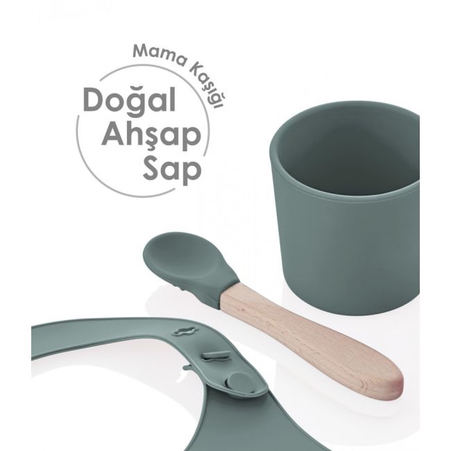 Set diversificare 4 piese din silicon BabyJem: bavetica, farfurie, lingurita si pahar (Culoare: Maro) JEMbj_7285