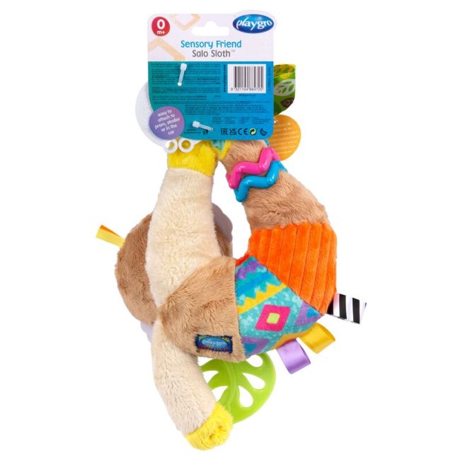 Jucarie carucior sau scaun auto, Playgro, Salo, Cu inele pentru dentitie, Cu diverse forme si texturi, Cu sunete si zornaieli, Dezvolta abilitatile motorii si imaginatia, 0 luni+, Sensory Friend Salo Sloth BYN188472