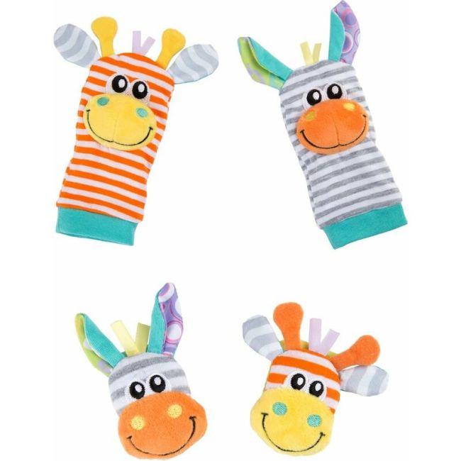 Set jucarii zornaitoare, Playgro, Include sosete interactive si 2 bratari, Inchidere cu velcro, Stimuleaza dezvoltarea senzoriala si tactila, 6 luni+, Jungle Wrist Rattle and Foot Finder BYN188406