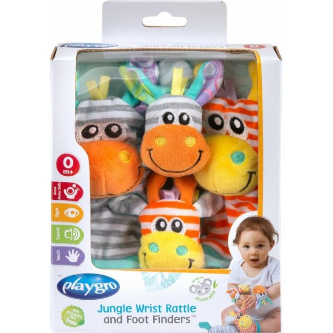Set jucarii zornaitoare, Playgro, Include sosete interactive si 2 bratari, Inchidere cu velcro, Stimuleaza dezvoltarea senzoriala si tactila, 6 luni+, Jungle Wrist Rattle and Foot Finder BYN188406