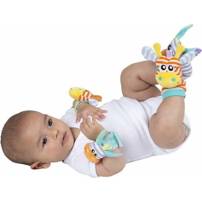 Set jucarii zornaitoare, Playgro, Include sosete interactive si 2 bratari, Inchidere cu velcro, Stimuleaza dezvoltarea senzoriala si tactila, 6 luni+, Jungle Wrist Rattle and Foot Finder BYN188406
