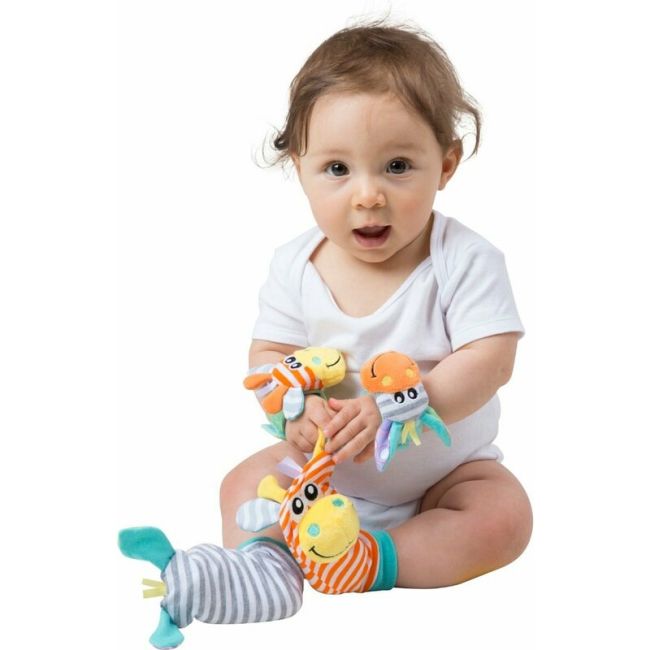 Set jucarii zornaitoare, Playgro, Include sosete interactive si 2 bratari, Inchidere cu velcro, Stimuleaza dezvoltarea senzoriala si tactila, 6 luni+, Jungle Wrist Rattle and Foot Finder BYN188406