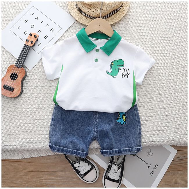 Costumas pentru baietei cu tricou alb tip polo - Dino MBXBR06-R1