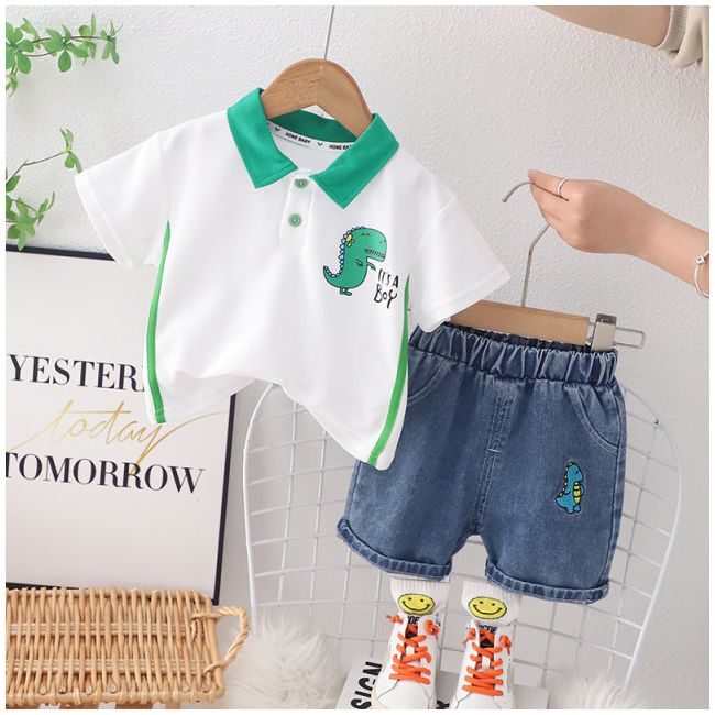 Costumas pentru baietei cu tricou alb tip polo - Dino MBXBR06-R1