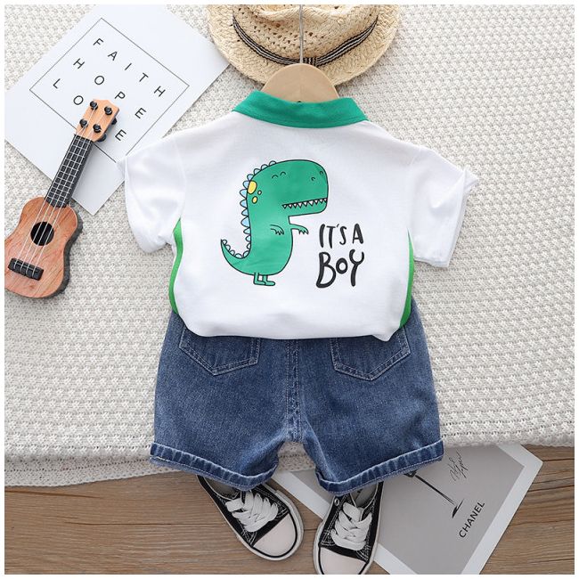 Costumas pentru baietei cu tricou alb tip polo - Dino MBXBR06-R1