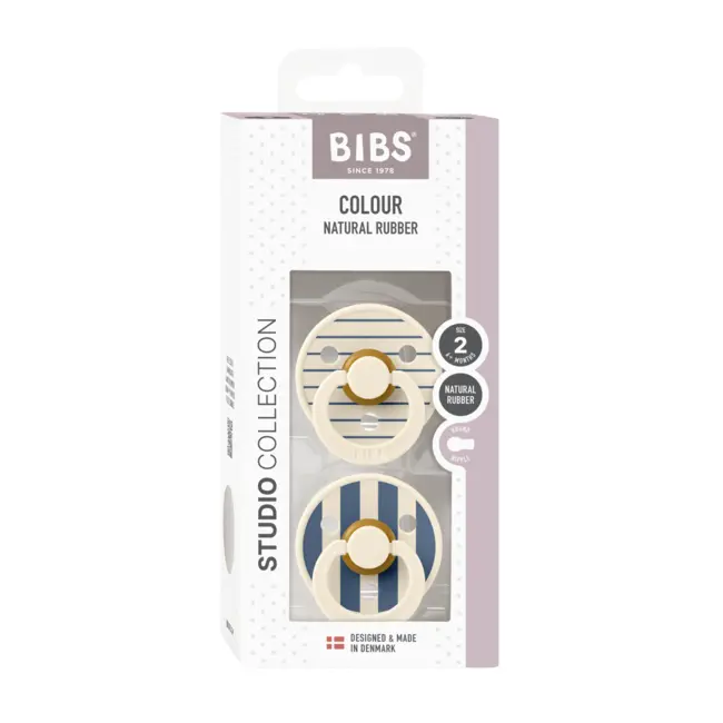 Bibs - set 2 suzete colour studio collection stripe latex, tetina rotunda, 6 luni+-ivory/steel blue bbb12015105