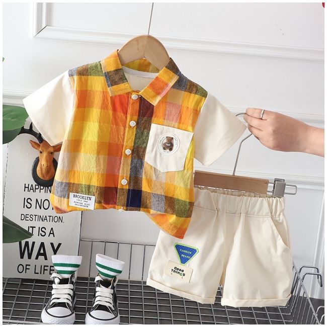 Costumas pentru baietei cu camasuta galbena in carouri MBXBR13-R1