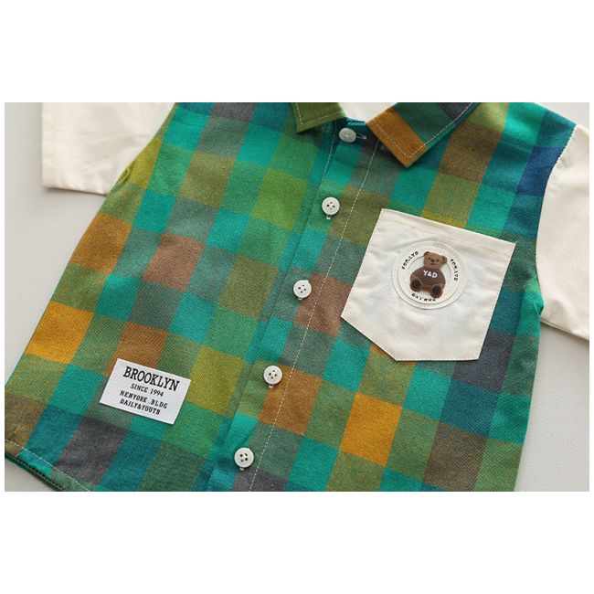 Costumas pentru baietei cu camasuta verde in carouri MDXBR13-R1