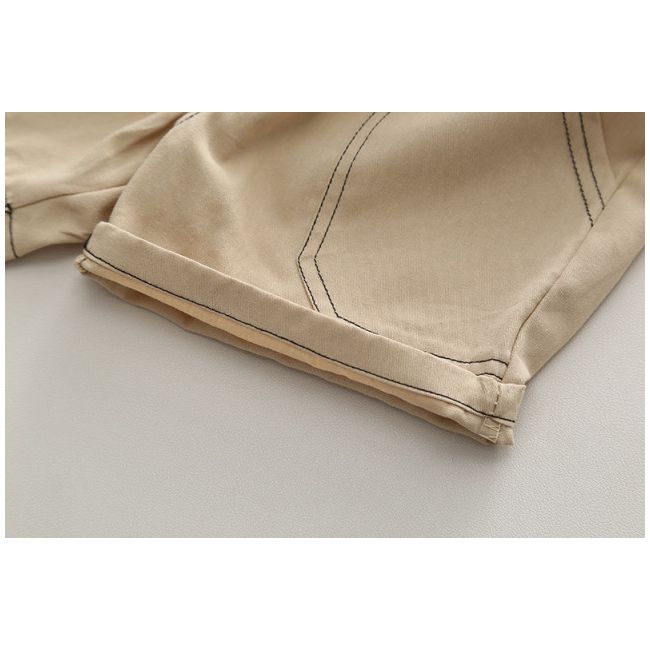 Costumas pentru baietei cu tricou tip polo in dungi bleumarine si ivoire MBXBR30-R1