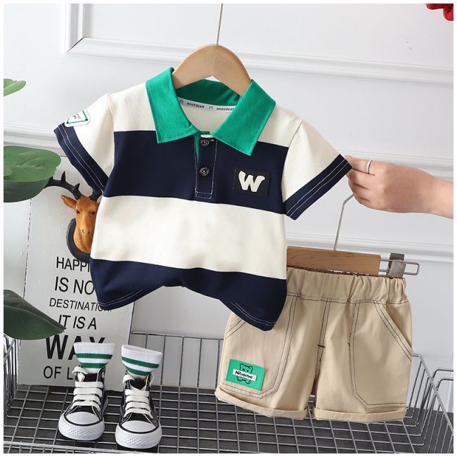 Costumas pentru baietei cu tricou tip polo in dungi bleumarine si ivoire MBXBR30-R1