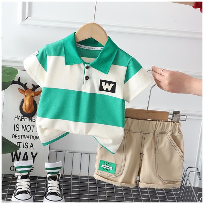 Costumas pentru baietei cu tricou tip polo in dungi verzi si ivoire MDXBR30-R1