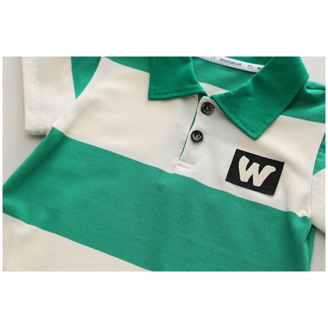 Costumas pentru baietei cu tricou tip polo in dungi verzi si ivoire MDXBR30-R1