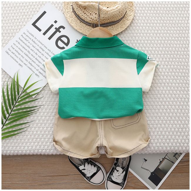 Costumas pentru baietei cu tricou tip polo in dungi verzi si ivoire MDXBR30-R1