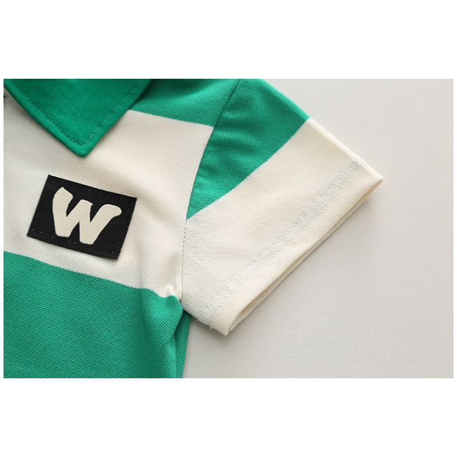 Costumas pentru baietei cu tricou tip polo in dungi verzi si ivoire MDXBR30-R1