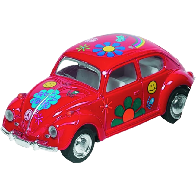 Masinuta die cast vw beetle classic, scara 1:64, lungime 6,5cm, cu print floral, rosie - okegoki12088r