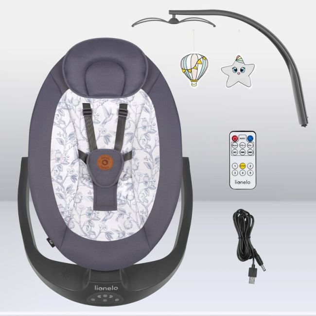 Balansoar si sezlong, Lionelo, Ralf, 2 in 1, Electric, Cu telecomanda si cablu USB, Cu miscare laterala de balansare si 5 niveluri diferite de viteza, Cu 12 melodii, Gri/Alb BYNLO-RALF_GREY_WHITE