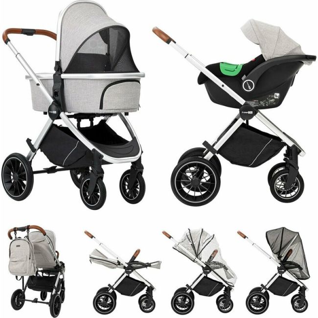 Carucior 3 in 1, FreeON, Joy, Reversibil, Cu cadru din aluminiu, Scoica auto, Husa picioare, Geanta mamici si accesorii, Conform cu standardele europene de securitate R129, Gri BYN49676